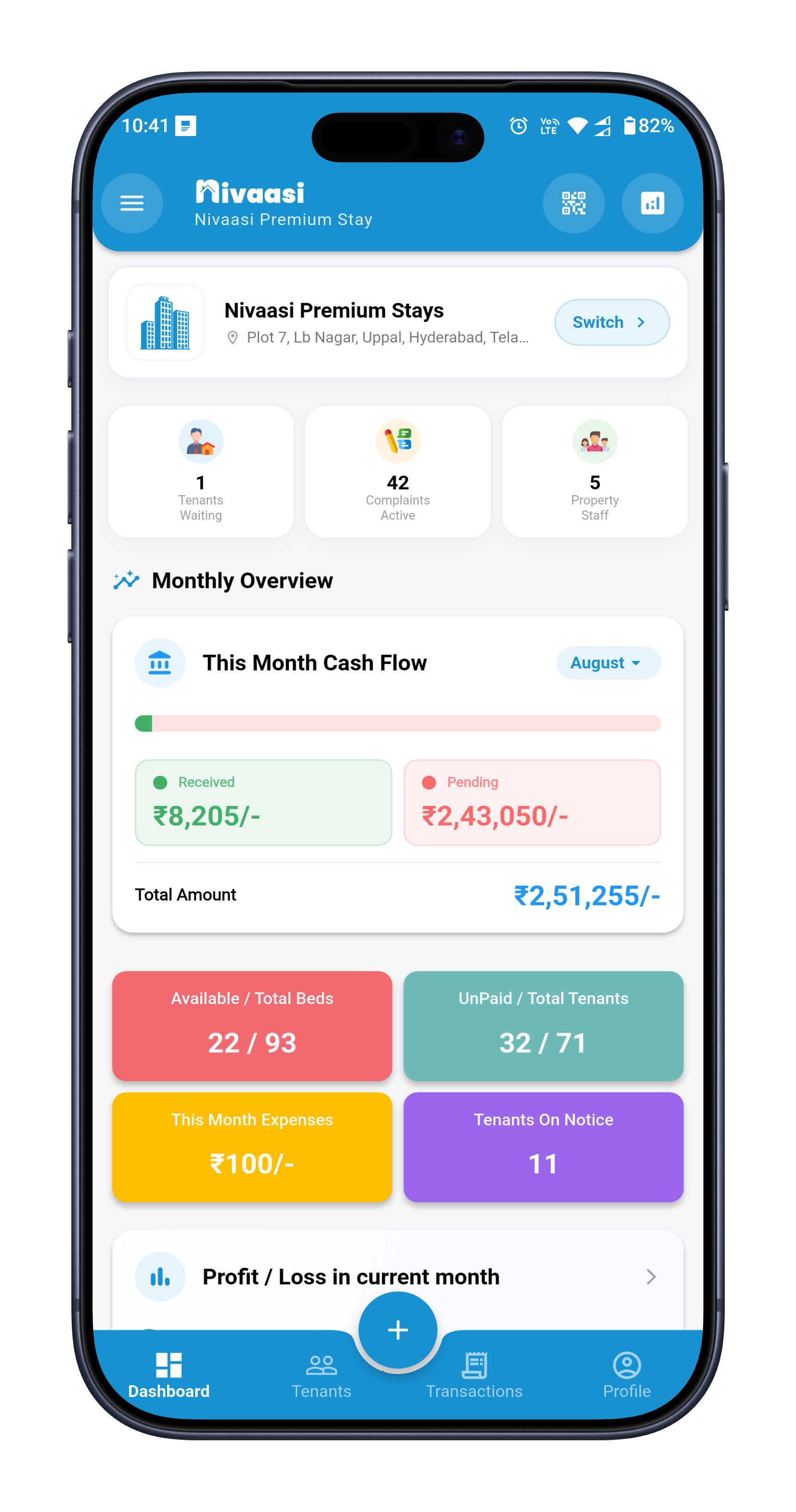 Nivaasi property owner app dashboard for managing PG and hostel properties